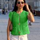 Hvewarm Womens Casual Chunky Knit Vest Gold Button Down Crop Crochet Sleeveless Sweater Vest (Green-S), Small (Green, S)