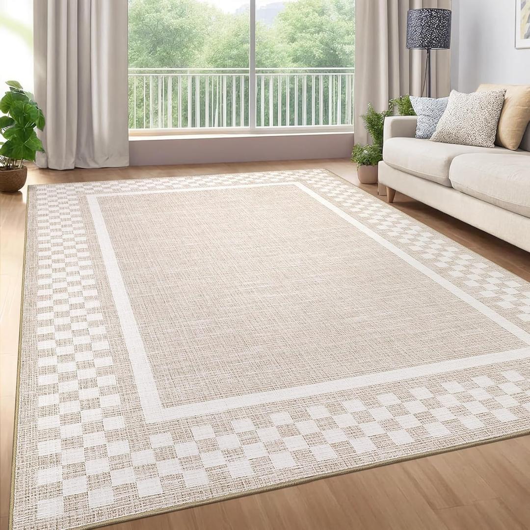 GarveeHome Modern Bordered 8x10 Area Rugs for Living Room Bedroom Soft Washable Large Bedroom Throw Carpet Non Slip Checkered Geometric Rugs for Dining Room Home Decor Office, Beige