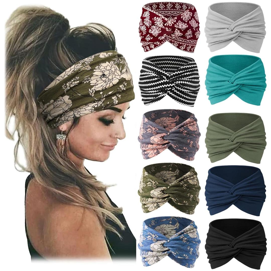 Jesries 10 PCS Women Headbands African Wide Hair Wrap Extra Turban Head Bands for Lady Large Sport Workout Stretch Non-slip Big Hair Bands 