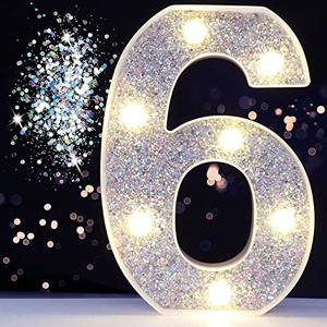 Pooqla Marquee Numbers Lights, Light up Silver Numbers, Glitter Numbers Night Light Battery Powered for Christmas Wedding Home Bar Birthday Party Decoration, Silver Number 6