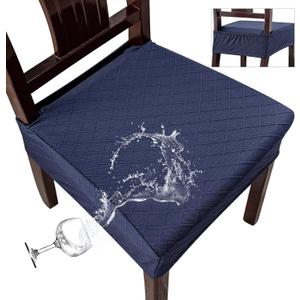 Genina Waterproof Seat Covers for Chairs,Set of 4 Dining Room Chair Seat Covers for Kitchen,Stretch Jacquard Removable Washable Dining Chair Slipcovers Protectors with Rear Covers, Navy Blue