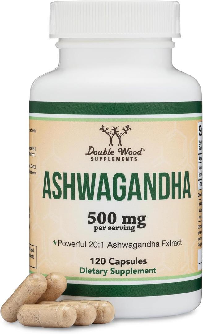 Ashwagandha Capsules, 120 Count (500mg Extract 20:1 Potency) Adaptogen Stress Relief by Double Wood, BBD 01/2027