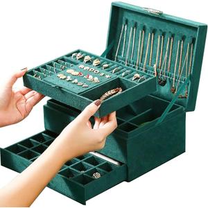 Jewelry Organizer Box for Women Girls, Jewelry Box 3-Tier Jewelry Display Case and Organizer,Lockable Jewelry Display Case Anti Tarnish,Varying Compartments for Necklaces, Bracelets, Rings (Green)