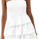 BTFBM Summer Dresses for Women Beach Dresses Strapless Boho Sundress Solid Color Tube Mini Dresses Party Dresses (Small, Solid Beige White)