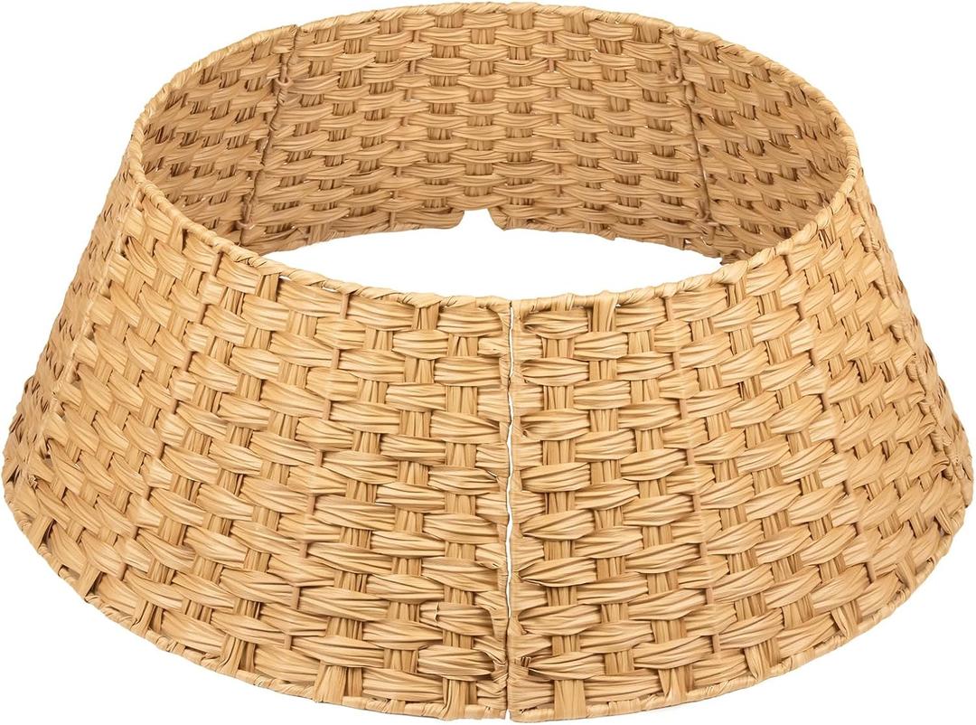 Christmas Tree Collar Rattan Xmas Tree Skirt for Artificial Trees Handcrafted Woven Hyacinth Rustic Base Cover Fits 7.5ft Trees