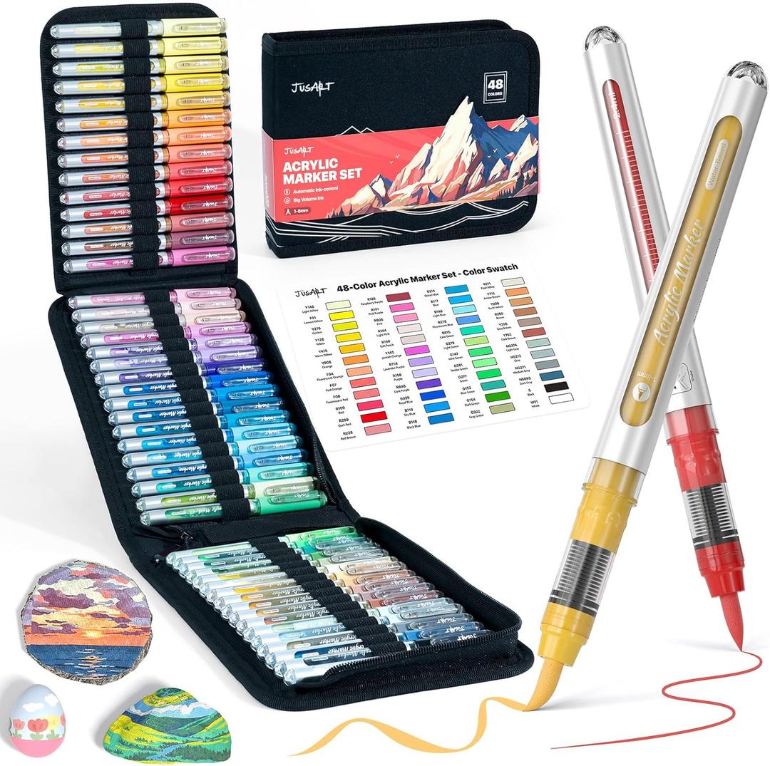 JusArt 48 Colors Acrylic Paint Markers with Canvas Bag, Water-Based No-Bleed Paint Pens with Automatic Ink Control, Waterproof Brush Tip Markers for DIY Art & Crafts -Eggs, Fabric, Rock, Glass, Metal