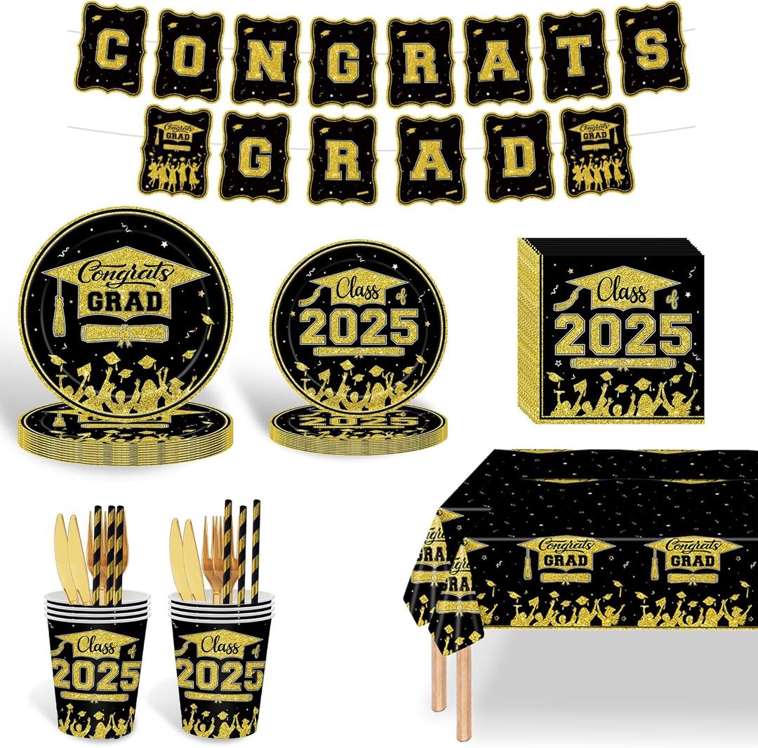 2025 Graduation Party Supplies 171 Pcs Graduation Party Dinnerware Set Disposable Paper Plates Napkins Cups Tablecloth Banner for Congrats Grad Party Decorations, Serve 24