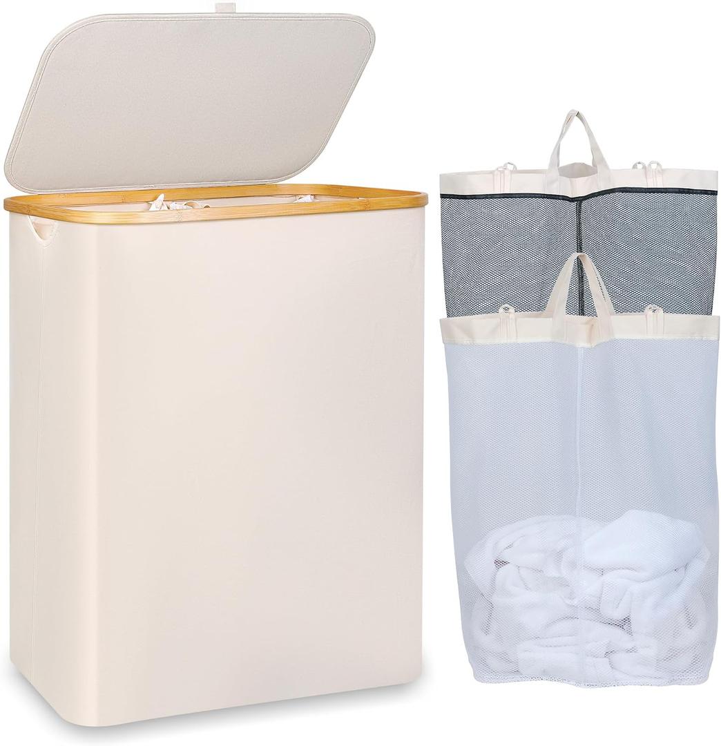 iEGrow 150L Laundry Basket with Lid, Large Laundry Hamper with Bamboo Handle, Collapsible Dirty Clothes Hamper Organizer with 2 Removable Inner Bags for Clothes Toys Towels - Beige