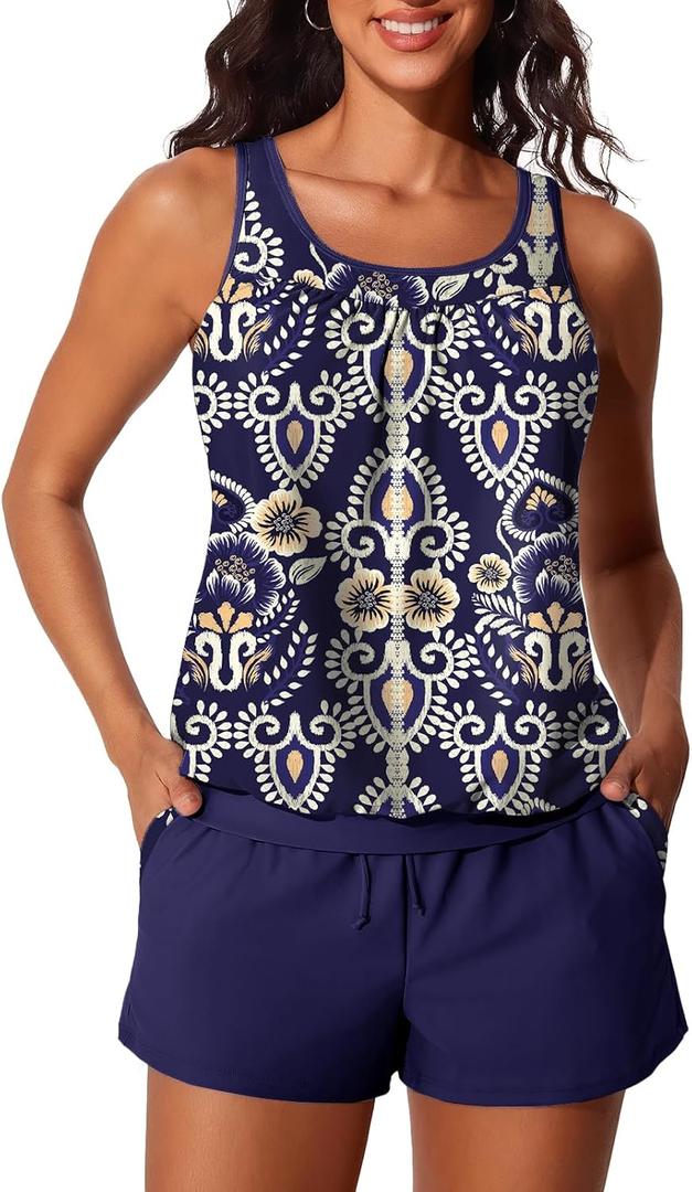 Summer Mae Blouson Women's Tankini Swimsuits Tummy Control Modest 2026 Two Piece with Sporty Pockets Bathing Suits (Beautiful Crown, S)