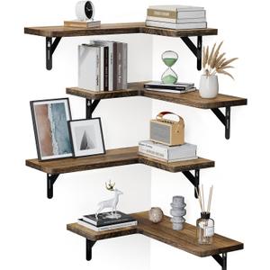 Amada HOMEFURNISHING Corner Floating Shelves, Set of 4 Corner Wall Shelves, Shelves for Wall Decor, Corner Wood Shelves for Home Decor, Office, Bedroom, Bathroom, Laundry Room, Kitchen, Brown