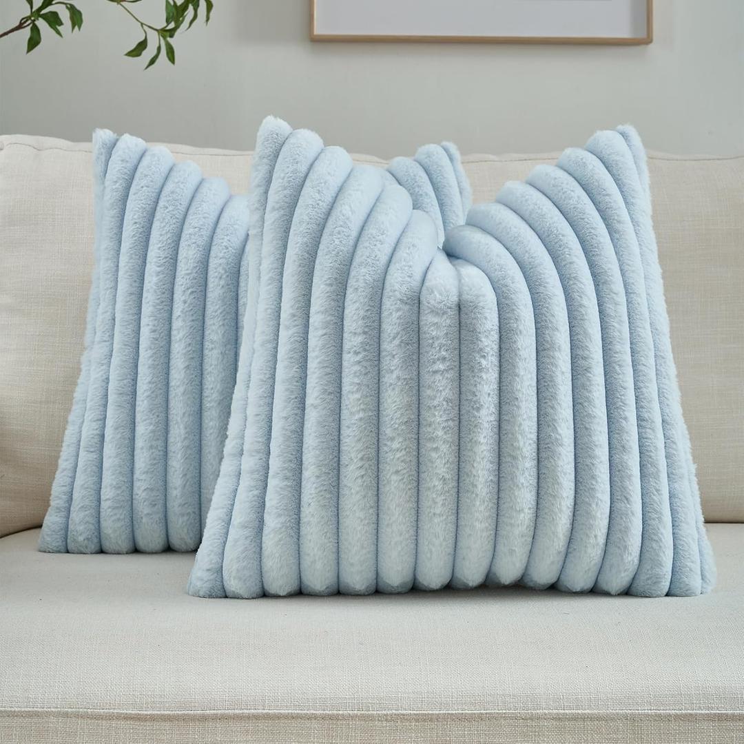 FUTEI Light Blue Striped Decorative Throw Pillow Covers 20x20 Inch Set of 2,Square Fall Decorations Couch Pillow Case,Soft Cozy Faux Rabbit Fur & Velvet Back,Modern Home Decor for Bed