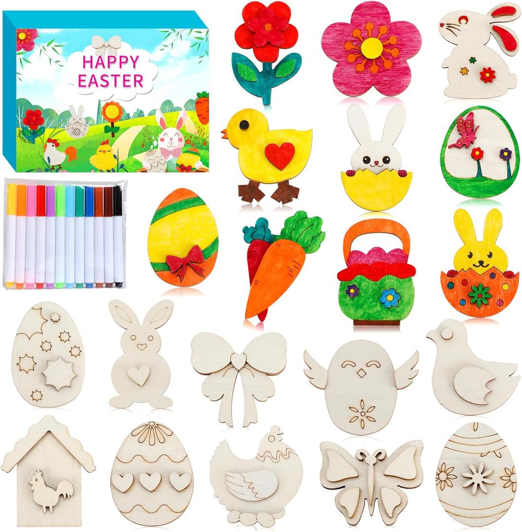 Worgree Easter Crafts for Kids, 36 Pcs DIY Wooden Magnets Art Craft Supplies Painting Kit for Boys Girls Ages 4-8 8-12 Birthday Easter Activities Toys Gifts Party Favors Basket Goodie Bag Stuffers