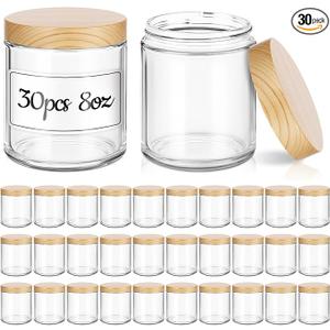8 oz Glass Jars with Lids, 30 Pack Clear Small Glass Jars with Woodgrain Lids Leakproof Round Airtight Empty Cosmetic Travel Containers for Lotions Powders and Candle Making
