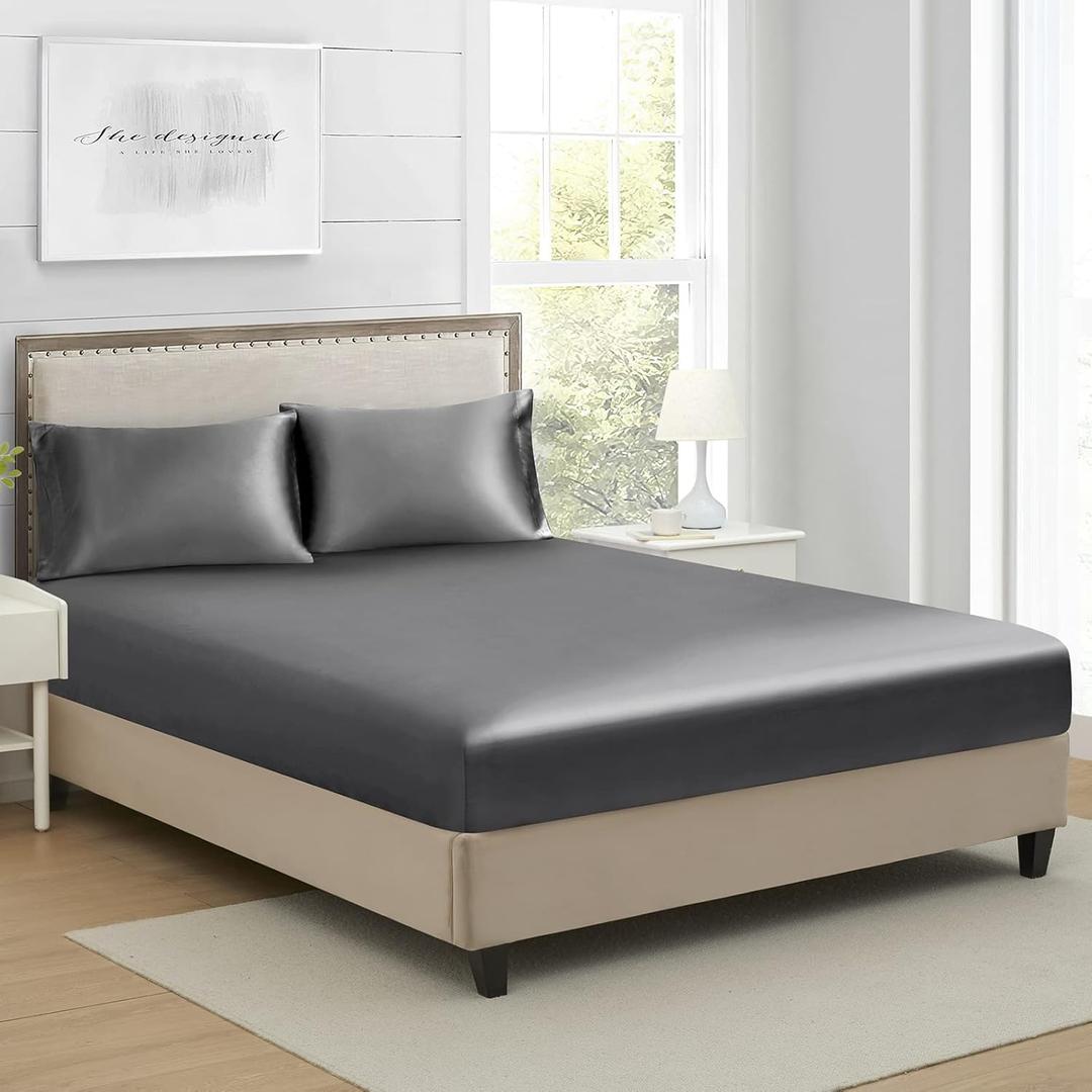 Satin Silk King Fitted Sheet, 1 Deep Pocket Bottom Bed Sheet, Dark Grey | Cooling Mattress Cover up to 14 Inch, Skin and Hair Friendly, Wrinkle Free, Hypoallergenic, Fully Elastic