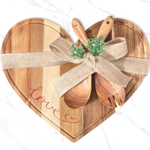 Patelai Heart Wood Cutting Valentines Charcuterie Board Bridal Shower Gifts Acacia Wood Cutting Board with Spoon and Fork for Couples Husband Wife, Newlywed Mr and Mrs
