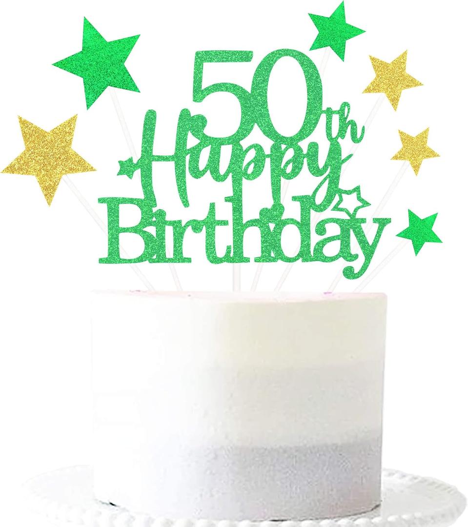 6 x Glittery 50th Happy Birthday Cake Topper with Star,Personalised 50 Birthday Cake Toppers Party Decorations Party Supplies for Boys Girls Green Gold