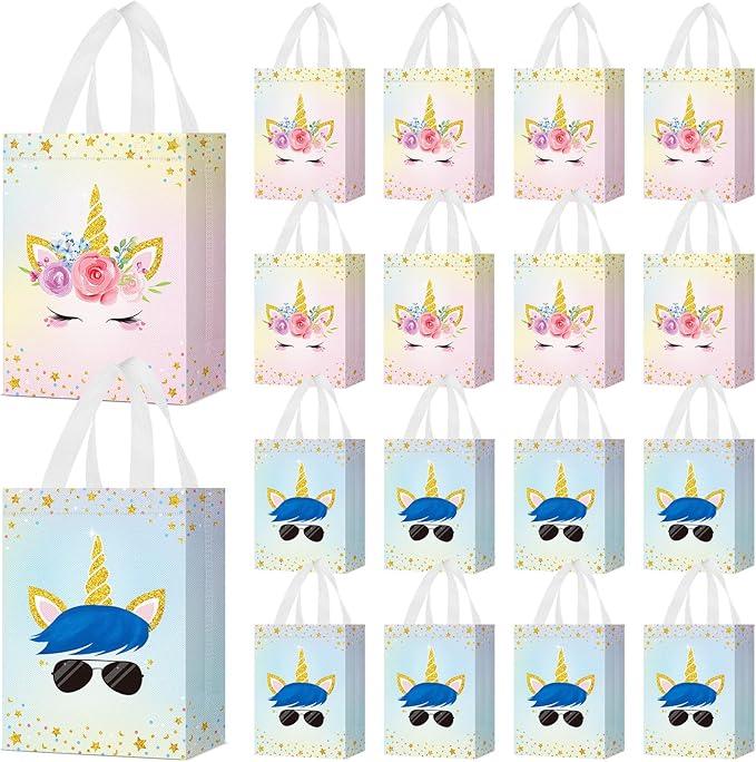 Locmeo 24 Pcs Unicorn Party Favor Bags with Handles  Reusable Non Woven Goodie Bags in Pink & Blue  Candy Treat Gift Bags for Girl & Boy Birthday Parties, 8 x 4 x 10 Inch