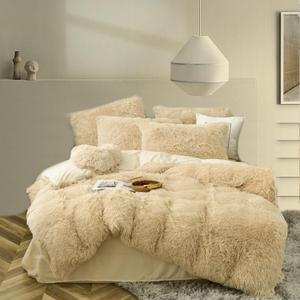 MorroMorn Luxury Shag Fluffy Comforter Cover Set, Shaggy Faux Fur Duvet Cover Sets - 5 Pcs Plush Quilt Cover Pillowcases Velvet Fitted Sheets, Fuzzy Flannel Soft for Full Queen Size Bed Beige