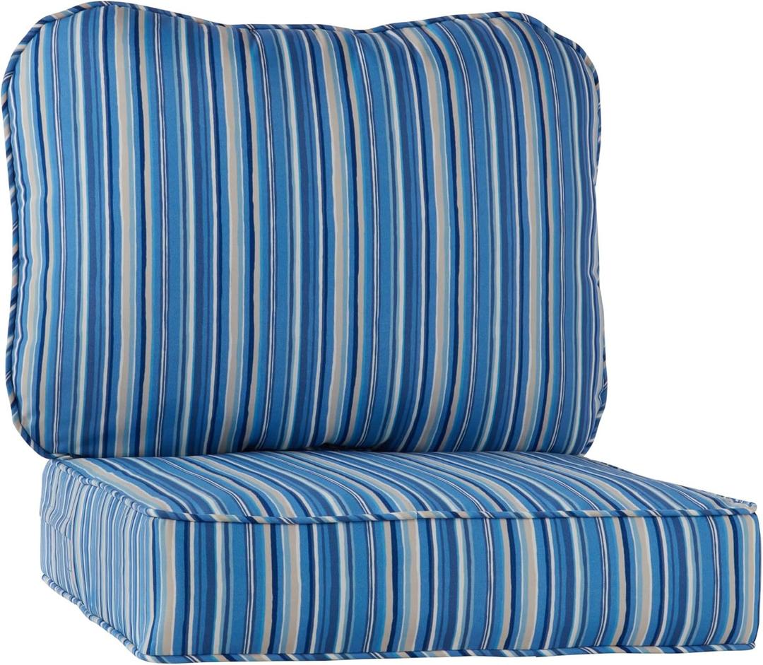 Outdoor Deep Seat Cushion Set 24x24 Seat + 28x22 Back Plush Fiber Fill Seat, Patio Lounge Replacement Cushion, Corded Trim, Durable Polyester Fabric with Ties, Sapphire Stripe