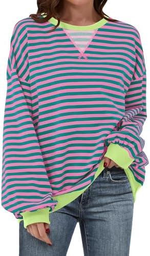 KLWCJFFF Women Striped Oversized Sweatshirt Long Sleeve Crewneck Hoodies Shirts 2024 Fall Pullover Top Trendy Preppy Clothes, M