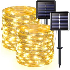 JMEXSUSS 2 Pack Solar String Lights Outdoor Waterproof, Each 33FT 100 LED Warm White Fairy Lights, Waterproof 8 Modes Copper Wire Solar Christmas Light for Yard Patio Tree Garden Xmas Decorations