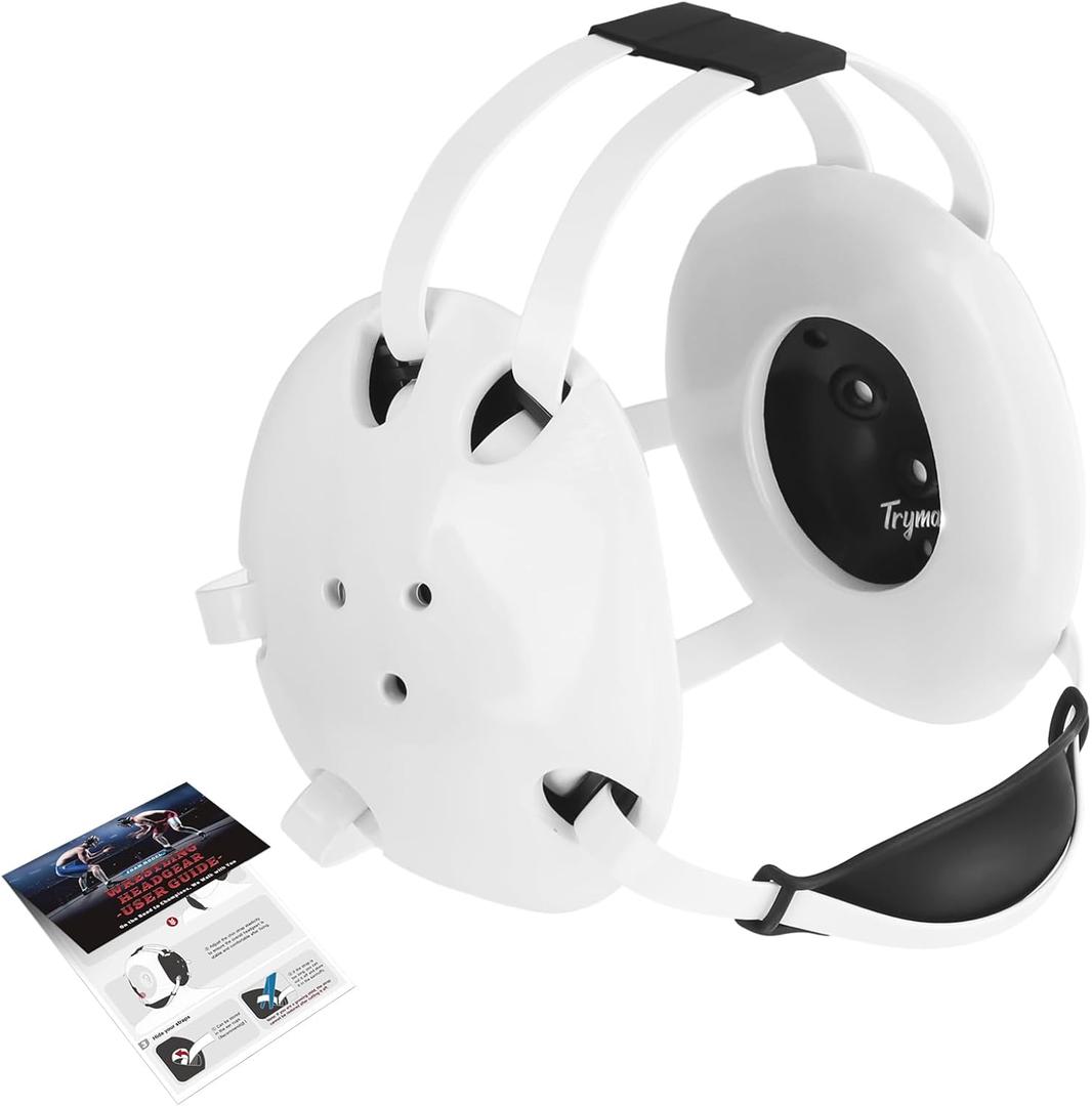 Wrestling Headgear, Youth Wrestling Head Gear with Chin Cup, Sorf Ear Guard for MMA, Jiu-Jitsu (for Users Age 10+) (White Headgear & White Strap)