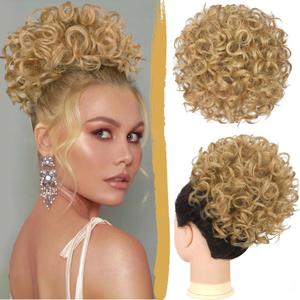 PEACOCO Messy Bun Short Curly Ponytail Extension Elastic Drawstring Loose Hair Bun Hair Pieces for Women with Thinning Hair High Temperature Synthetic Fiber Hair Bun Extension 80g, Light Golden Blonde