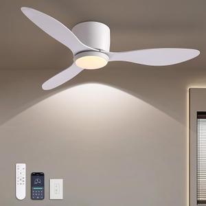 LUDOMIDE Ceiling Fans with Lights,42 Inch Low Profile Ceiling Fan with Wall Control and Remote Control,Dimmable,Flush Mount Ceiling Fan with Noiseless DC Reversible Motor for Bedroom Indoor Use