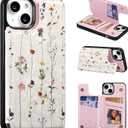 UEEBAI Wallet Case for iPhone 15 with Card Holders, PU Leather Cover Kickstand RFID Blocking Double Magnetic Clasp Rilievo Flower Shockproof Flip Case for Women Girls - Tree Vine