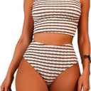 Striped Bow Tie Swimsuit Women High Waisted Two Piece Bathing Suit Round Neckline Sexy Beach Vacation Swimwear, M