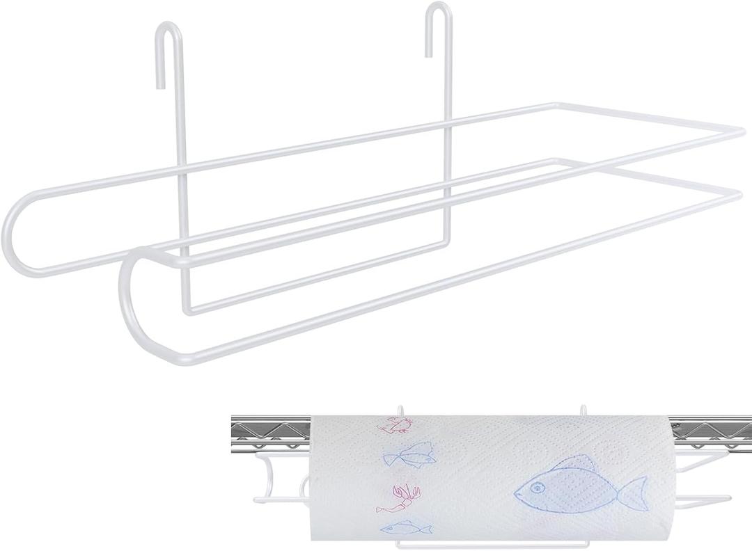 Paper Towel Holder for Wire Shelving 5'' D x 12'' W x 4.5'' H Hanging Paper Towel Holder Wire Shelf Accessories for Camp Dorm Laundry Room Stove Kitchen (White)