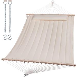 SUNCREAT Double Hammock for 2 Persons, Extra Large Outdoor Portable Hammock with Hardwood Spreader Bar, Soft Pillow, 475 lbs Capacity, Beige