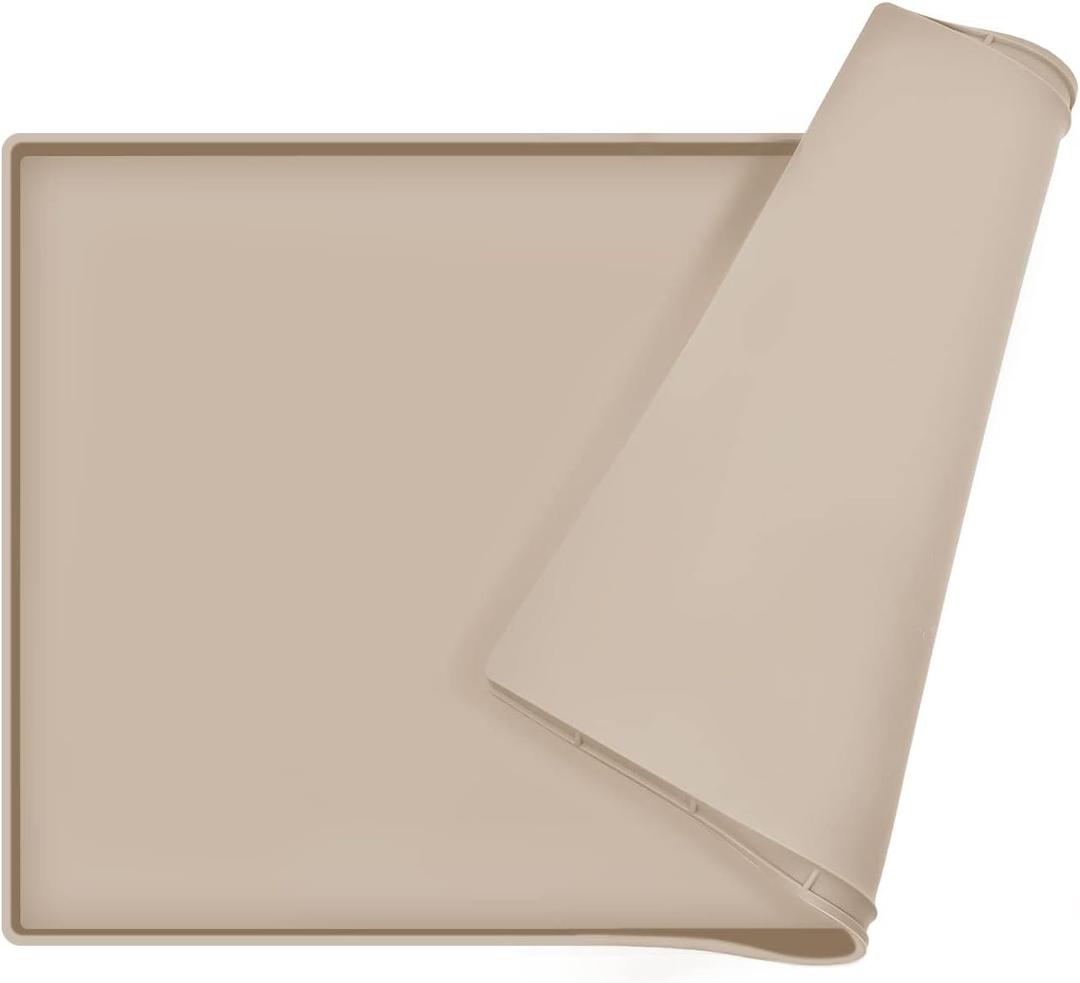 Dog Food Mat,Silicone Waterproof Food Tray,Non Slip Pet Bowl Mats Placemat,0.6" Raised Edge,Suitable for Most Small and Medium Sized Pets,18.5" x 11.5" (Taupe)