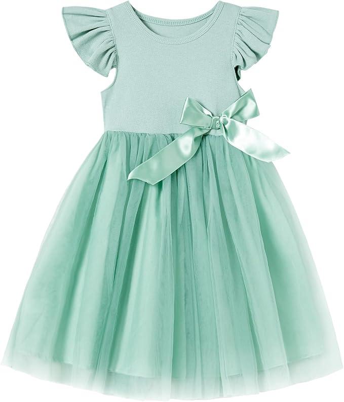 Toddler Girls Ruffle Sleeve Tulle Dress Elastic Waist Bow Kid Casual Sundress,Size 130