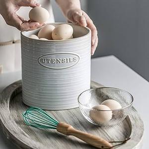 YHOSSEUN Utensil Holder for Kitchen Counter, Ceramic Kitchen Utensil Holder for Countertop, 6.7" Large Utensil Crock Oval Kitchen Tool Holder for Spatula, White