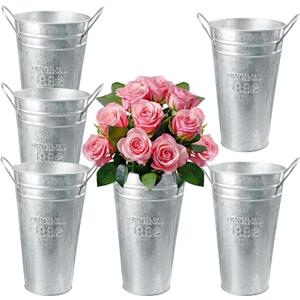 6 Packs 10 Inch Tall Galvanized Metal Flower Vases with Handles, Metal Flower Buckets for Cut Flowers, Country Wedding, Table Centerpiece Decorations(Sliver)