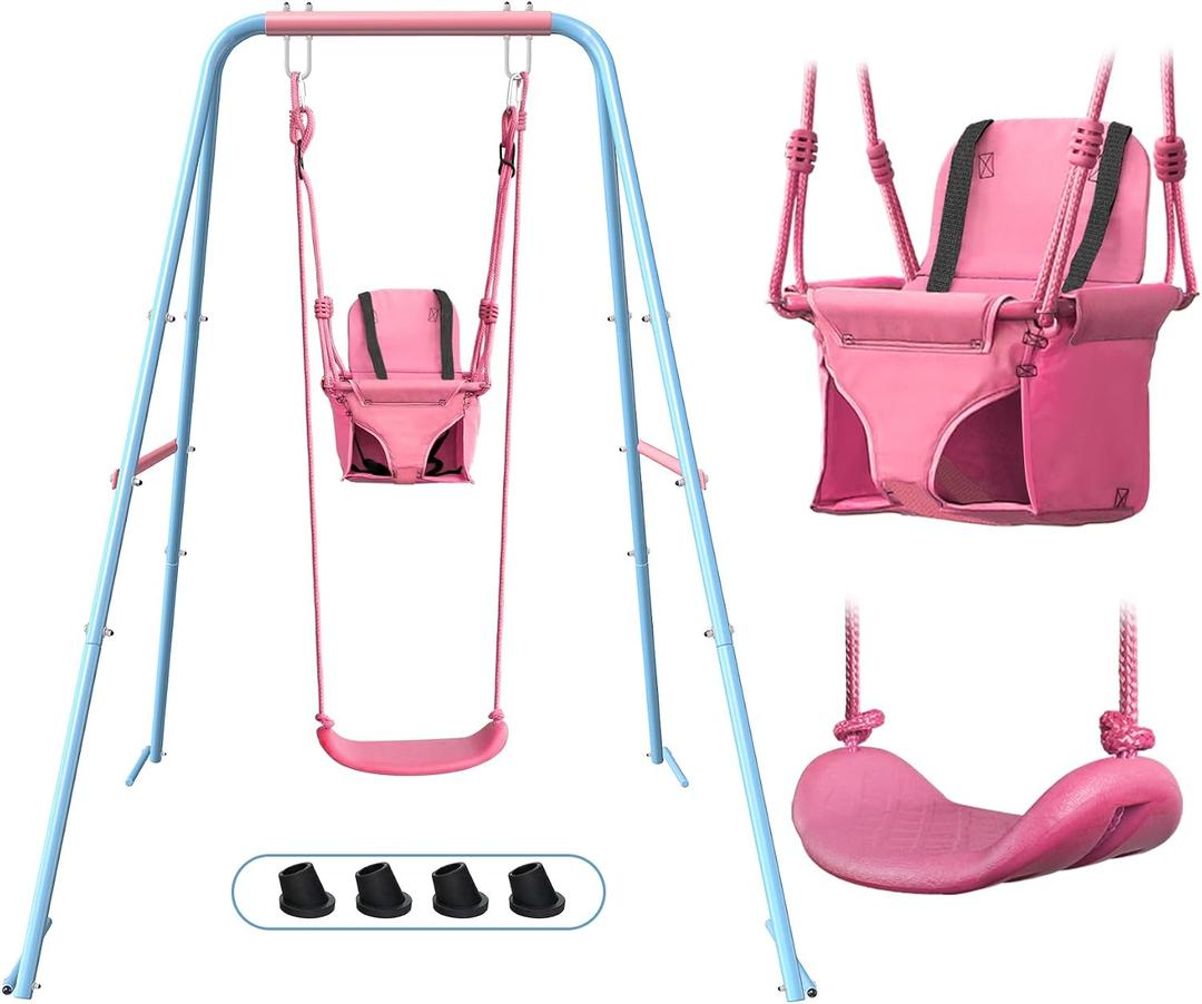 2-in-1 Toddler Swing Set with Foldable Stand, Baby Swingset with 2 Types of Anchors for Indoor & Outdoor, 1 Belt & 1 Soft Swing Seat with Safety Harness & Height Adjuster for 6 Months and Older Kids