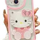 Cute Cartoon Designed for iPhone 15 Case, 3D Bow Kawaii Cartoon Cat Case with Mini Makeup Mirror for Girls Women Soft Silicone Clear Shockproof Phone Cover for iPhone 15 6.1", Pink