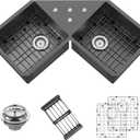 32.5Inch Black Corner Kitchen Sink - Double Bowl Stainless Steel Drop In Butterfly Undermount Modern Sink Come With Bottom Grid,Silicon Mat,Colander,Drain Assembly Nice Solution For Kitchen Corner, 30x30x9 inches