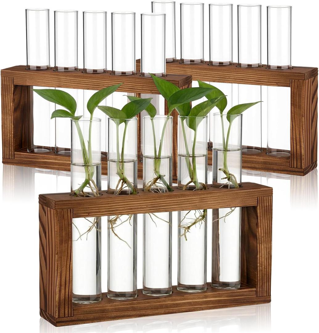 3-Pack Glass Plant Propagation Stations with Wooden Stand, Gardening Gifts for Women Mom Plants Lovers, 15 Glass Test Tubes Vases for Hydroponic Plants Desktop Terrarium Decor