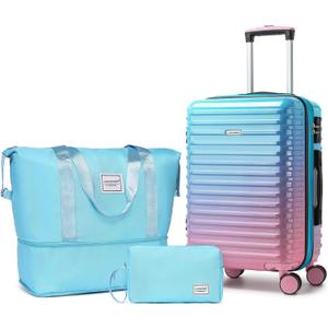 LARVENDER Expandable Carry on Luggage Suitcase with Wheels, Cotton Candy, 3 Piece Set