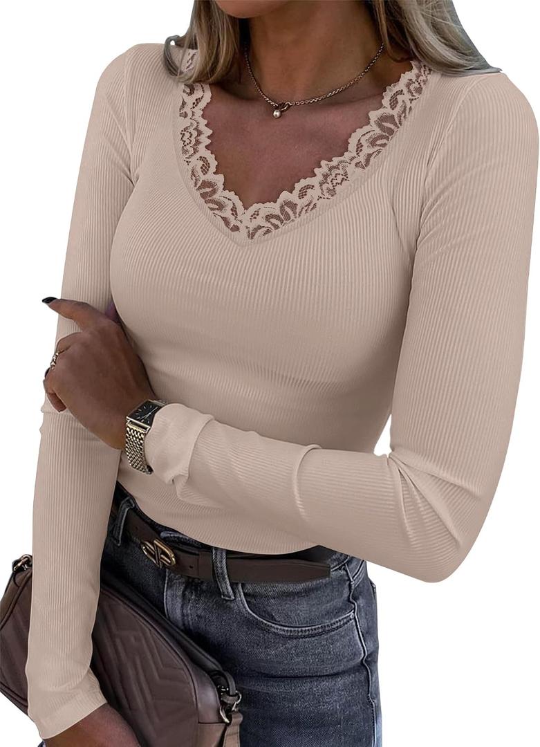 LUXVEER Long Sleeve Shirts for Women Lace V Neck Ribbed Fitted T-Shirt Dressy Business Casual Blouses 2026 Trendy Fall Tops (M)