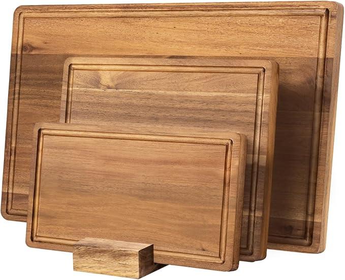 KOLWOVEN Wood Cutting Boards for Kitchen  Set of 3, Wooden Cutting Board Set with Holder for Chopping Meat, Cheese, Fruits, Vegetables, Knife Friendly Serving Tray