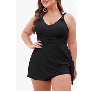 Hanna Nikole Women Plus Size Two Piece Tankini Swimdress V Neck Halter Floral Asymmetrical Hem Skirted Swimsuit with Boyshort (Blue Pattern), 16 W