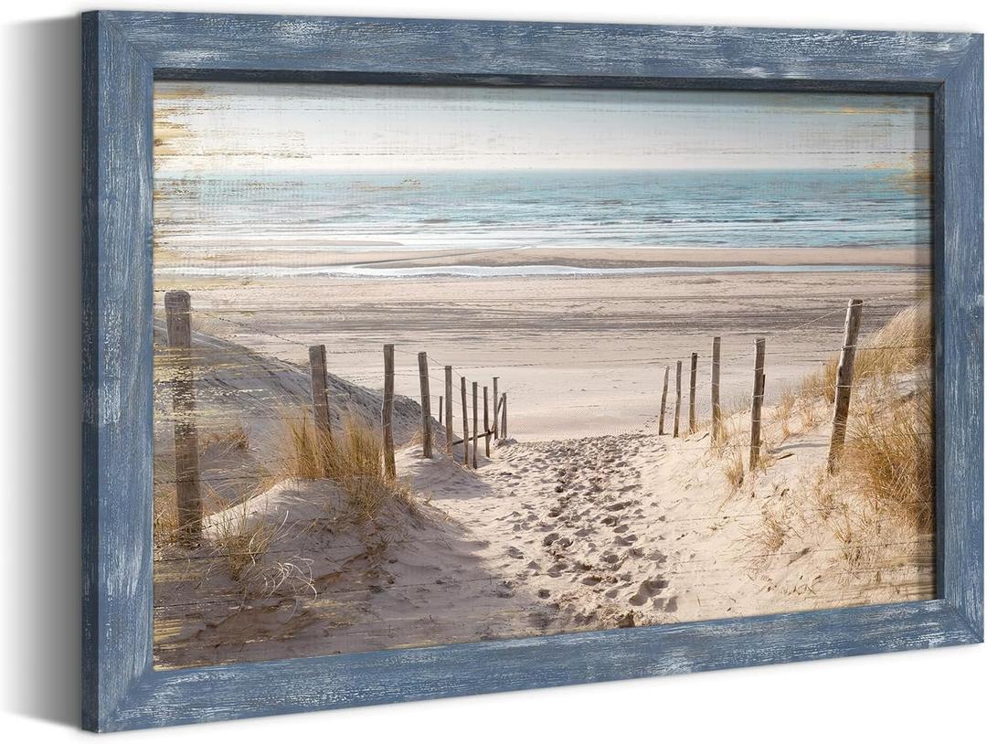 Framed Beach Road Wall Art: Large Modern Coastal Sea Level Painting Rustic Blue Ocean Wood Artwork Calming Seascape Nature Picture Contemporary Sandy Seaside Prints for Bedroom Bathroom Living Room (45L" x 30W", Beige)