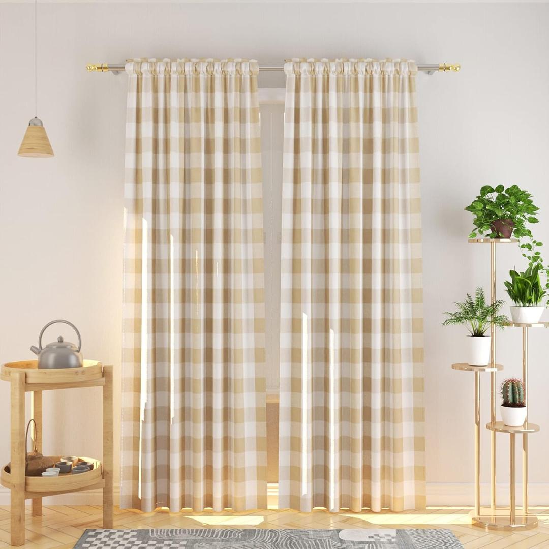 Beige and White Buffalo Gingham Check Curtain 95 inches Long Living Room Drapes Plaid Checker Kitchen Bedroom Window Treatment Set 2 Panels Rod Pocket Beige