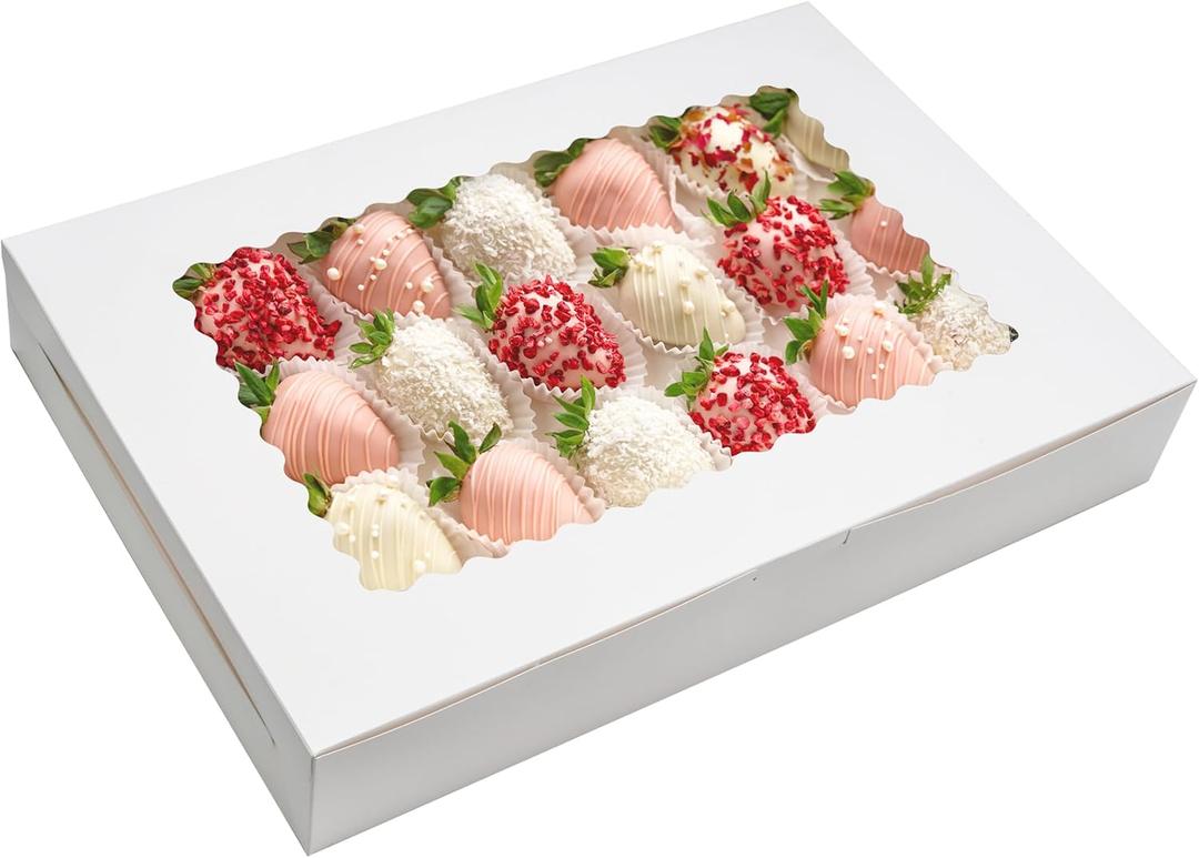 20 Pack Cookie Boxes 16x11x2.5inch Bakery Boxes with Window Treat Boxes for Cookie Packaging Gift Giving Dessert Boxes for Chocolate Covered Strawberries, Donuts, Breakable Heart (White)