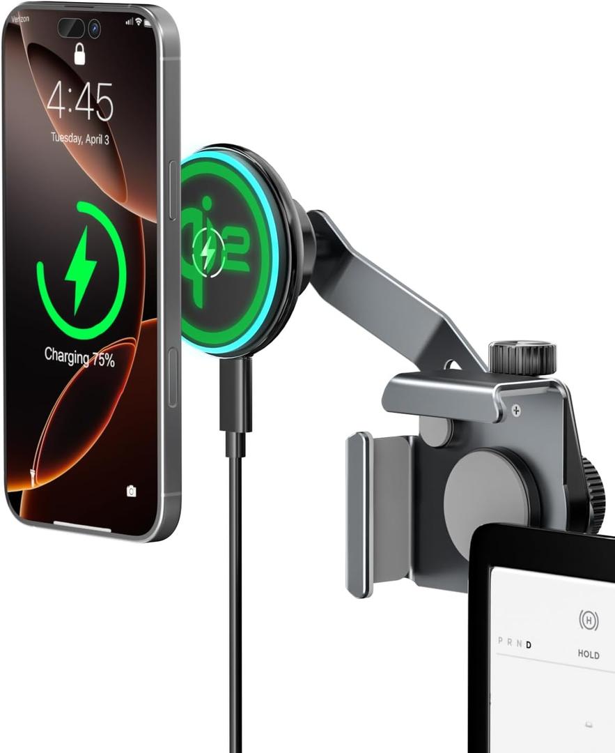 CloudValley Qi2 15W Wireless Charger Phone Mount for Tesla Model Y/3, Extendable Metal Holder Compatible with iPhone MagSafe, Magnetic Adjustable Car Holder for Tesla Model 3 Highland/Y Juniper