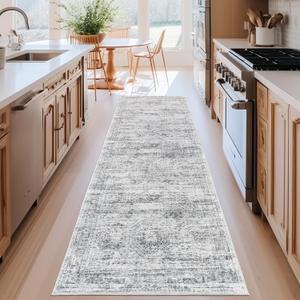 Kitchen Runner Rug Non Slip - 2.5 x 8 Runners for Hallways, Entryway, Bedroom, Washable Runner Rugs for Bathroom, Laundry Room, Low Pile Soft Vintage Area Rug(2.5'x8', Grey/Ivory)