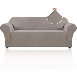 PrinceDeco Stretch Sofa Cover Slipcover Couch Covers for 3 Cushion Couch Furniture Protector Sofa Covers with Non Slip Elastic Bottom Dogs Pet Friendly Fitted (Sofa, Taupe)